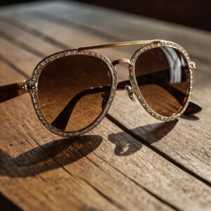 Close-up of luxury designer sunglasses with intricate details.