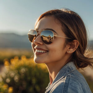 Young woman wearing polarized sunglasses outdoors with clear skies.