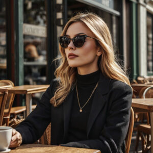 Trendy woman in cat-eye sunglasses enjoying coffee at a café.